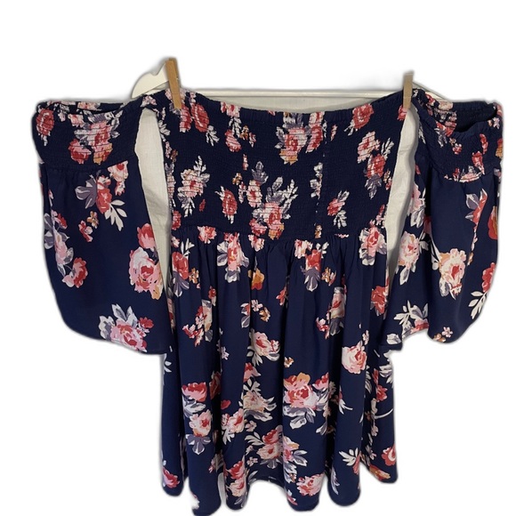 feathers Tops - Feathers Off Shoulder Navy floral tunic top